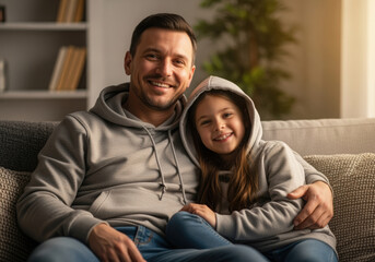 Obraz premium Happy young family relaxing on a couch together, hugging and smiling while watching television.