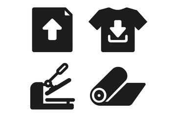 T-shirt printing icon set. Heat press machine for apparel production. Custom garment design and manufacturing process. File upload, heat transfer vinyl, sublimation concept.