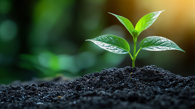 New plant sprouts from rich soil in a lush garden during early m