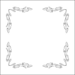 Black and white vegetal ornamental frame with bluebells leaves and flowers, decorative border, corners for greeting cards, banners, business cards, invitations, menus. Isolated vector illustration.	