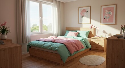 Fototapeta premium Contemporary Bedroom Design with Abstract Art