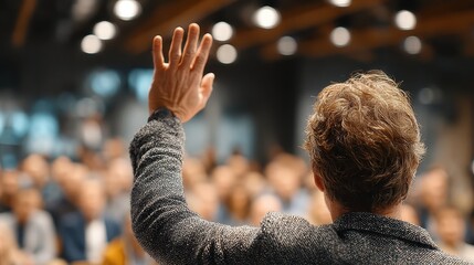 Man raises hand in a meeting or conference, seen from behind with blurred crowd attending in the background