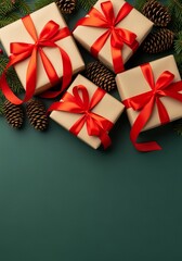 Beautifully wrapped Christmas gifts with red ribbons and pine cones