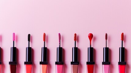 A vibrant collection of colorful lip gloss applicators on pink
