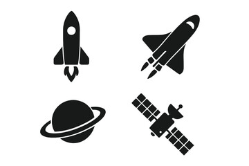 Space exploration silhouette icon set with rocket, shuttle, planet with rings, satellite flat vector symbols, astronomy, cosmos, space mission, technology icons