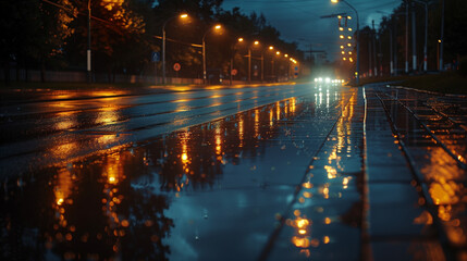 Night bike path with wet reflections. Rows of lights guide a rainy route for riders. Shiny asphalt and calm traffic