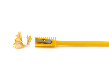 Pencil sharpener isolated on white background. Pencil and pencil shavings. Stationery. School...