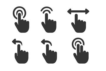 Touch gesture icon set, solid black user interface interaction symbols, vector cartoon illustration with transparent background, swipe tap press drag icons collection