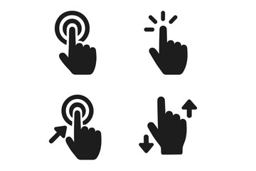 User interface solid icon set with touch and click symbols, vector cartoon illustration for UI design, finger tap, swipe gestures, and digital interaction icons on transparent background