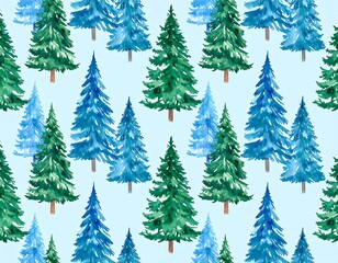 Obraz premium Watercolor fir trees pattern, light blue background