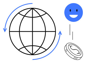 Globe with blue arrows, happy face symbol, and coin suggesting global trade, economy, growth, digital connection, and international collaboration. Ideal for finance, trade teamwork economy