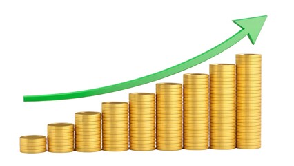  Golden Coins bar graph and green arrow grow up 3d illustration isolated on transparent background.