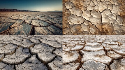 Cracked earth collage with patterns revealing dryness and environmental degradation