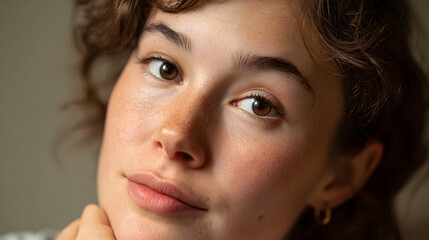 A close-up portrait of a person with a gentle expression and contemplative gaze