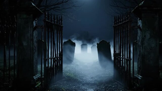 A creepy and cinematic video of old, rusty, gothic iron gates mysteriously opening by themselves to reveal a spooky, foggy cemetery with gravestones under the moonlight