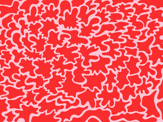 Abstract 70s Liquid Shape banner Background with Dynamic Doodles. Trendy Vector Illustration in Retro Style. Pink and Red colors