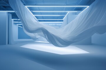 Ethereal White Fabric Flowing in a Minimalist Blue Studio Environment