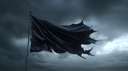 A tattered black flag of surrender billows dramatically against a dark, ominous, and stormy sky
