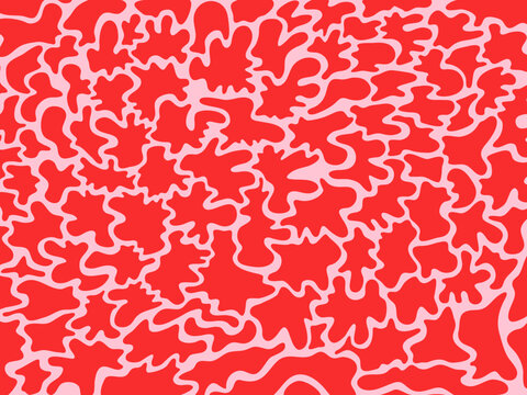 Abstract 70s Liquid Shape banner Background with Dynamic Doodles. Trendy Vector Illustration in Retro Style. Pink and Red colors