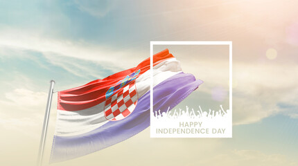 Croatia flag waving proudly under a bright sky with text happy independence day. Croatia national...