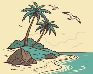 A bright vector scene of a tropical beach island with turquoise waves, golden sand, and three leaning palm trees atop a rocky shore, soft clouds and two seabirds in the sky