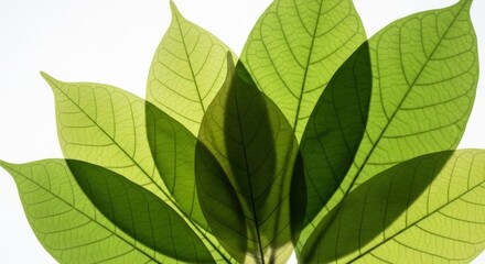 Obraz premium Translucent green leaves with visible veins overlapping on a bright white background creating an