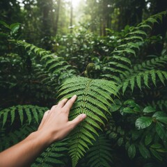 Hand Gently Touching Green Fern Leaf in Lush Forest Environment