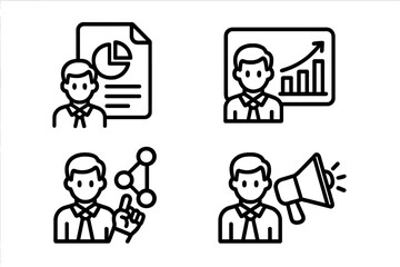 Business management outline icon set. Vector icons for data analytics, marketing, and corporate strategy. Symbols for growth chart, report, network, and promotion megaphone.