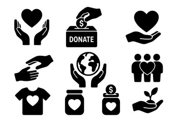 Charity donation silhouette icon set. Aid, support, and volunteer icons collection. Vector symbols for kindness, help, giving money, community care, love, and global support.