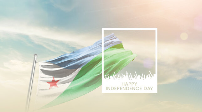 Djibouti flag waving proudly under a bright sky with text happy independence day. Djibouti national flag for independence day.