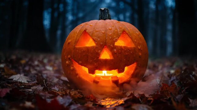 A spooky and atmospheric cinematic slow dolly-in shot of a carved Halloween Jack-o'-lantern, glowing from a candle within and emitting smoke in a dark, creepy forest at night, surrounded by autumn lea