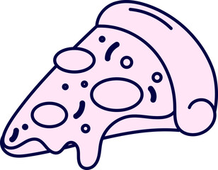 A stylized graphic illustration of a pizza slice with a distinct color scheme