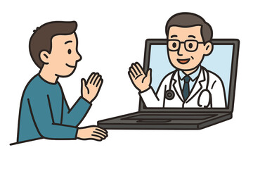 Telemedicine concept with doctor and patient. Virtual consultation via video call on laptop. Online medical advice. Healthcare technology. E-health appointment. Vector cartoon.