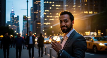 Smiling Businessman in Cityscape with Evening Lights and Traffic