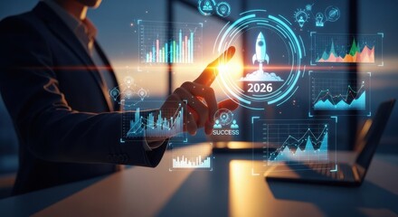 Businessman Touching Digital Interface with Future Technology Projection