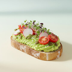 3D gluten free avocado toast with radishes microgreens and pumpkin seeds, healthy vegan breakfast, top view


