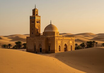 Islamic architecture of a beautiful mosque with a minaret surrounded by golden sand dunes in a desert oasis at sunset