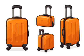 Set of modern orange travel suitcases for vacation and adventure. Stylish luggage collection, baggage for journey. Vector cartoon illustration of different size trolley bags.