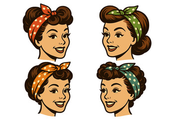 Set of four retro woman portraits with vintage hairstyles. Pin-up style girl with polka dot bandana. Rockabilly housewife character head. 1950s vector cartoon mascot.