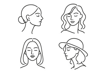 Woman face continuous line art drawing set. Female portrait collection. Abstract minimalist girl head illustration. Beauty salon logo. Hairstyle concept. Vector for cosmetic.