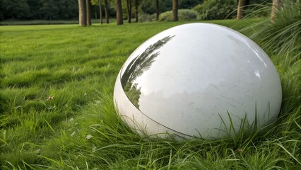Large White Concave Sphere Sculpture on Grass.