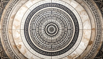 Ornate circular pattern on a light beige surface, with concentric circles of repeating Greek key and geometric designs in black