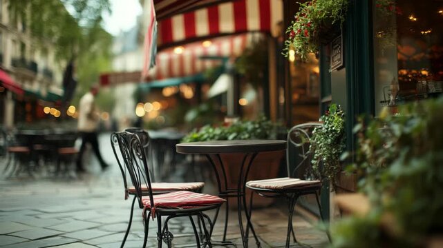 Charming outdoor cafe scene with empty tables and vibrant ambiance