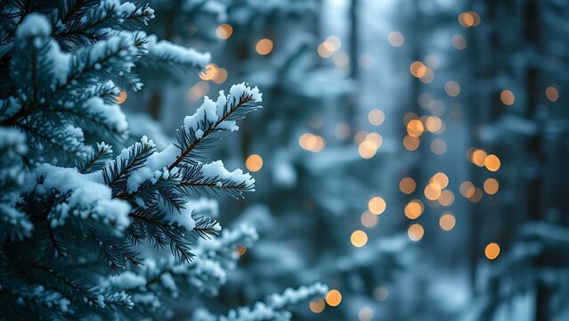 Snow-covered spruce branches in a winter forest, evoking a magical Christmas atmosphere.