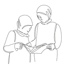 One continuous single drawing line art flat doodle koran, islam, learning, education, female, culture, book, religion. Isolated image hand draw contour on a white background, hand drawn, not AI