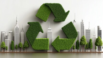 Green Eco House concept. Recycling Symbol Over Urban Landscape Environmental Conservation.