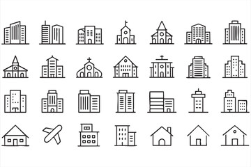 Collection of city skyline and building doodle illustrations for construction graphics