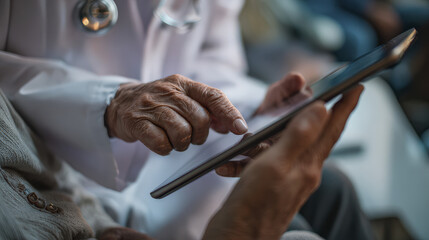Senior Hands Using Tablet Close-up in Doctor Office