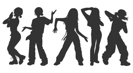 Set silhouette illustrations of kpop idols singing and dancing on stage. Flat vector kpop music star. Modern group dancers with various different styles, poses and choreography. Korean pop cultures.