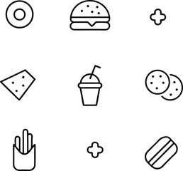 Collection of minimalist black line art icons of food and drink items hamburger fries